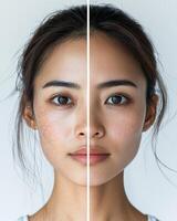 Side-by-side comparison image of an Asian woman's face, with the left half showing youthful, flawless skin and the right half revealing the signs of aging, including wrinkles and sagging skin, photo