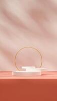 3D image render scene mockup of white stacked podium in portrait with gold ring and pink floor photo