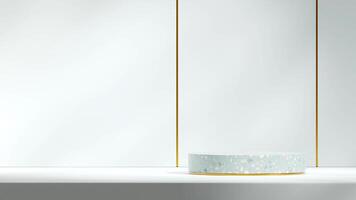 light blue wall background, 3d rendering blank space green terrazzo and gold podium in landscape photo