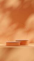 Orange circle and wall 3D render blank space of terrazzo texture podium in portrait photo