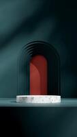 blue arch wall and red texture, 3d render image empty mockup white marble podium in portrait photo