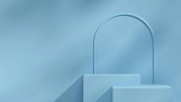 Blue block podium in landscape minimal arch and wall, 3D render mockup template photo