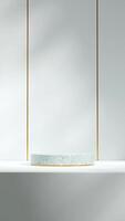 light blue wall background, 3d rendering blank space green terrazzo and gold podium in portrait photo