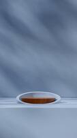 Mockup space brown wood texture podium in portrait with shadow blue color wall, 3D image render photo