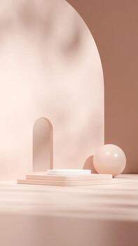 light red and white podium in portrait arch and sphere background wall 3D render empty scene photo