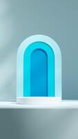 blue gradient arch backdrop, 3d image render blank mockup white cylinder podium in portrait photo