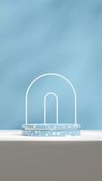 blue terrazzo podium in portrait white arch and floor, 3d render image empty mockup photo