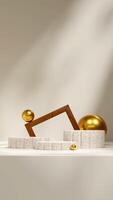 natural terrazzo podium in portrait gold sphere and brown frame 3d image render blank mockup photo