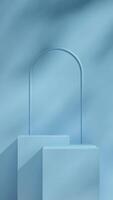 Blue block podium in portrait minimal arch and wall, 3D render mockup template photo