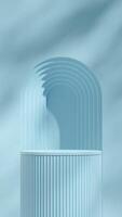 textured cylinder podium in portrait sky blue wall and arch background 3D image render scene mockup photo