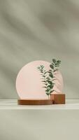 Portrait layout of green wall and plant, 3D image render empty scene brown cylinder podium photo
