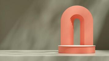 Landscape layout of backdrop arch and green wall 3D render blank space salmon red and white podium photo