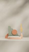 yellow plant and green backdrop, 3d render image blank space white brown podium in portrait photo