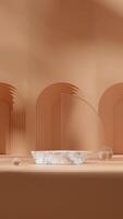 3D render image empty scene white marble podium in portrait sphere and circle glass, arch photo