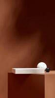 rendering 3d blank mockup white color podium in portrait marble sphere and brown wall photo