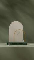 Green marble podium in portrait arch and gold ring background, 3D image render mockup template photo