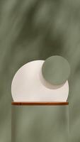 White circle and green wall 3D rendering blank space of wood texture and green podium in portrait photo