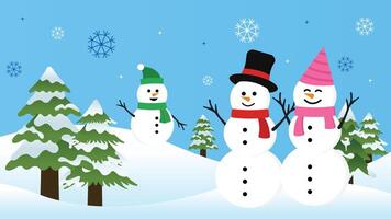 Two Big Snowman Say Hello to A Little Snowman on Snow Hill with Pine Trees for Winter Background vector