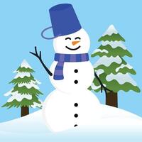 Big Wink White Snow Man with Twig Hand Up Wearing Blue Bucket Hat and Scraf Winter on Blue Background vector