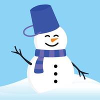 Wink White Snow Man with Twig Hand Up Wearing Blue Bucket Hat and Scraf Winter on Blue Background vector