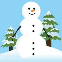 Big Smile White Snow Man with Twig Hand Down on Blue Background vector