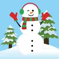 Big Wink White Snow Man with Twig Hand Up Gloves Wearing Red Green Headphone and Scraf Winter on Blue Background vector