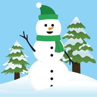 Big White Snow Man with Hello Gesture Wearing Green Beanie and Green Scraf Winter on Blue Background vector
