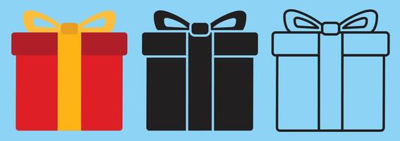 Red Yellow Gift Box with Outline and Solid Version on Blue Winter Background vector