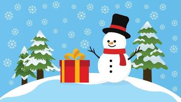 White Snowman with Twig Hand Up Wearing Black Red Hat and Red Scarf Winter Happy See Red Yellow Gift Box on Blue Background with Two Pine Trees vector