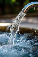 A close up of a water faucet pouring water into a pool photo