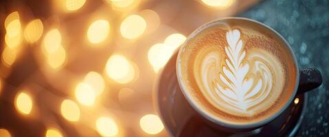 A cup of coffee with a white swirl in the center photo