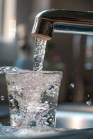 A water faucet is pouring water into a glass photo