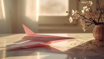 A pink paper airplane on a table photo