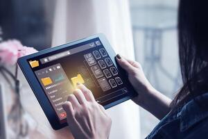 Concepts of developing an efficient document management system with document database search program application and online big data processing for company's fast access to information on tablet. photo