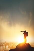 Vision for success ideas. Businessman perspective for future planning. Silhouette of man holding binoculars on mountain peak against bright sunlight sky with business city background, vertical photo