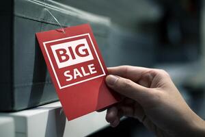 Big sale signs tagged on products in shopping malls. Concepts for marketing, special offers, and retail promotions. photo