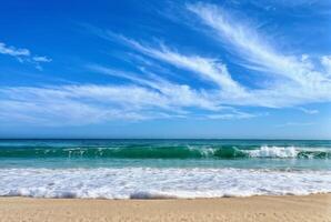 Clear Blue Sky and Turquoise Waves on Sandy Beach photo
