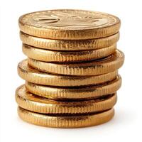 Side view of a stack of gold coins isolated on a white background. photo