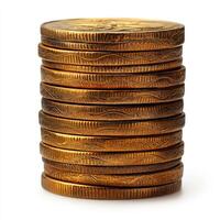 Side view of a stack of gold coins isolated on a white background. photo