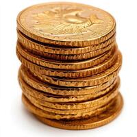 Side view of a stack of gold coins isolated on a white background. photo