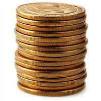 Side view of a stack of gold coins isolated on a white background. photo
