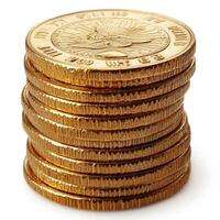 Side view of a stack of gold coins isolated on a white background. photo