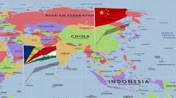China and Seychelles Flag Waving with The World Map, Seamless Loop in Wind, 3D Rendering video
