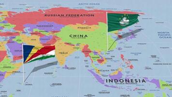 China Macau, Macao and Seychelles Flag Waving with The World Map, Seamless Loop in Wind, 3D Rendering video