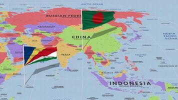 Bangladesh and Seychelles Flag Waving with The World Map, Seamless Loop in Wind, 3D Rendering video
