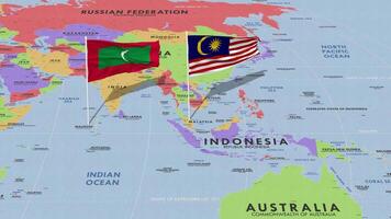 Malaysia and Maldives Flag Waving with The World Map, Seamless Loop in Wind, 3D Rendering video