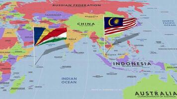 Malaysia and Seychelles Flag Waving with The World Map, Seamless Loop in Wind, 3D Rendering video