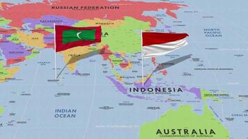 Indonesia and Maldives Flag Waving with The World Map, Seamless Loop in Wind, 3D Rendering video