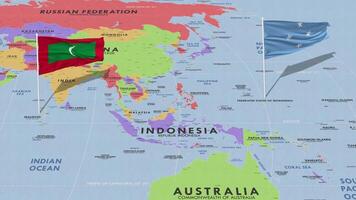 Federated States of Micronesia and Maldives Flag Waving with The World Map, Seamless Loop in Wind, 3D Rendering video