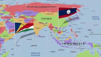 Laos and Seychelles Flag Waving with The World Map, Seamless Loop in Wind, 3D Rendering video